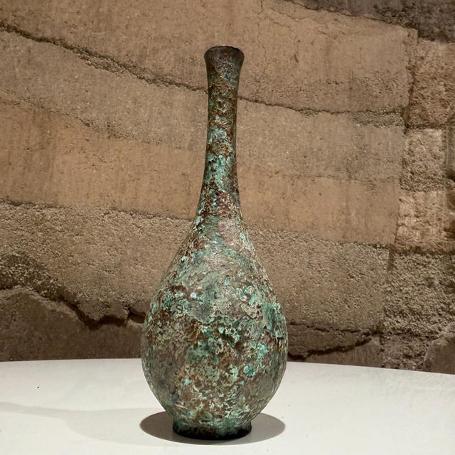 Vintage Japanese Bronze Bud Vase Textured Greenish-Blue Verdigris Patina Murashido For Sale - Image 4 of 9