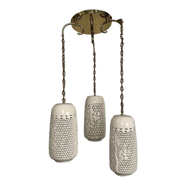 Triple-Pendant Reticulated Blanc De Chine Chandelier For Sale