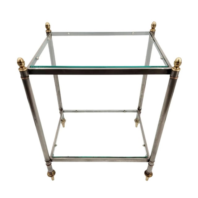 Metal Mid 20th Century Maison Jansen Style Steel and Brass 2-Tier Glass Side Table For Sale - Image 7 of 8