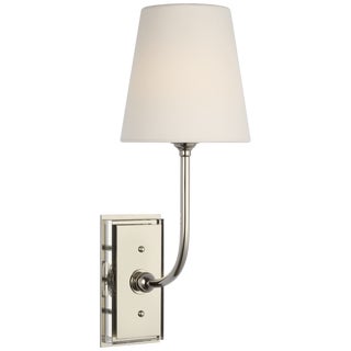 Thomas O'Brien for Visual Comfort Signature Hulton 17" Cordless Single Sconce in Polished Nickel with Linen Shade For Sale