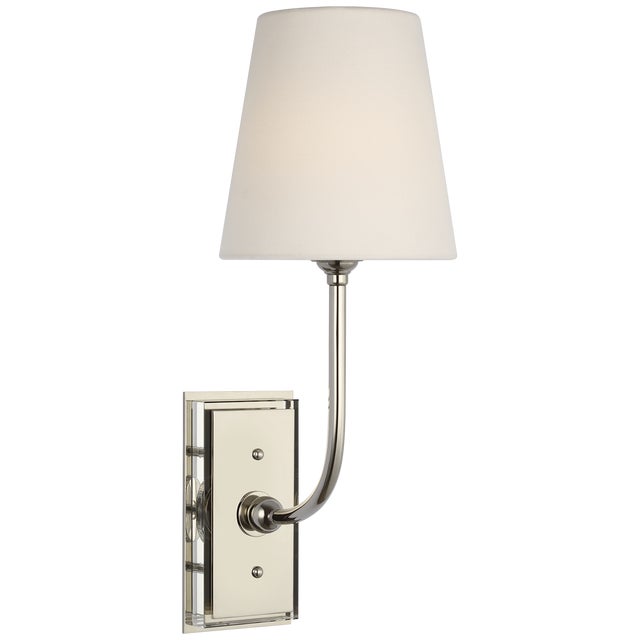 Thomas O'Brien for Visual Comfort Signature Hulton 17" Cordless Single Sconce in Polished Nickel with Linen Shade For Sale