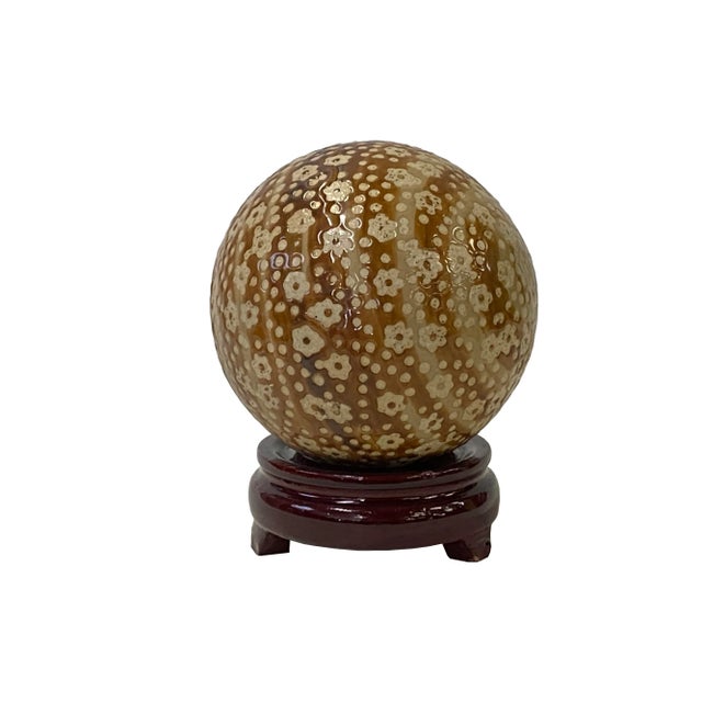 2010s Tan Beige Brown Mix Color Dots Floral Porcelain Round Ball Display Art For Sale - Image 5 of 5