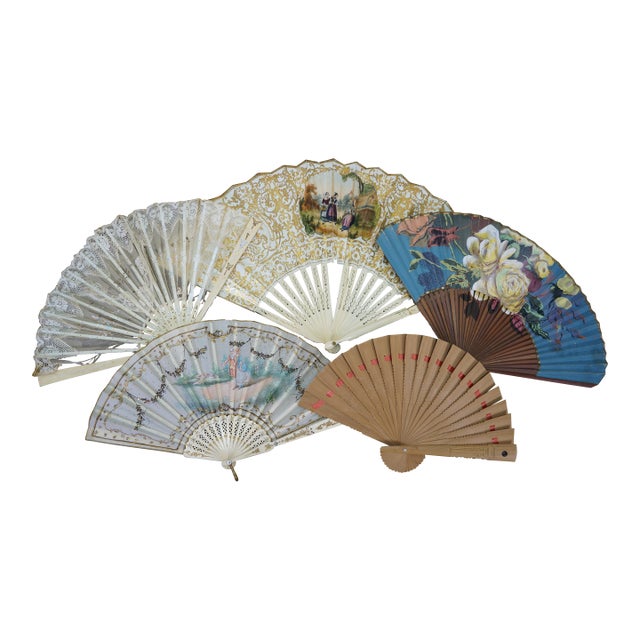 5 Vintage & Antique Hand Painted Carved Pierced Reticulated Folding Hand Fans For Sale