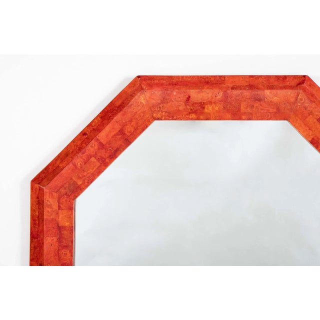 Italian Mid 20th Century Lacquered Shell Coral Colored Octagonal Mirror For Sale In New York - Image 6 of 8