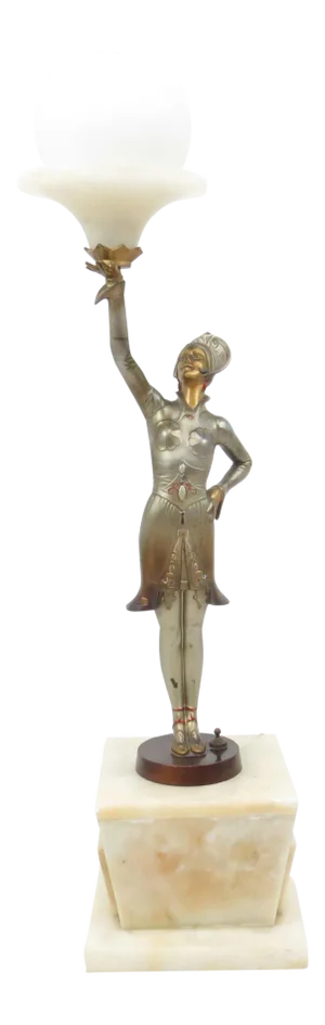 1930s German Art Deco Spelter Figural Lamp on Alabaster Base With White Frosted Glass Globe