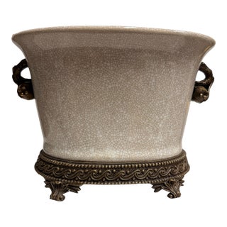 Vintage Hollywood Regency Crackle Cachepot With Pomegranate Handles For Sale