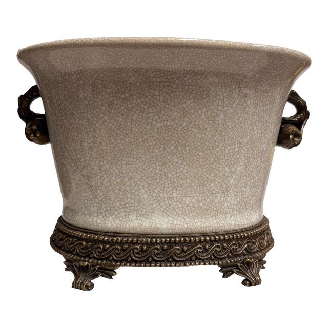 Vintage Hollywood Regency Crackle Cachepot With Pomegranate Handles For Sale
