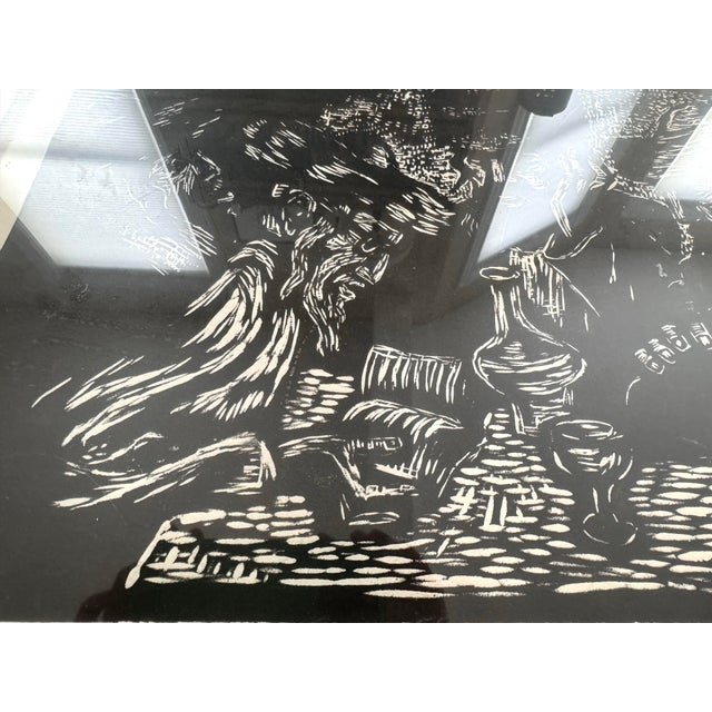 Vintage 1953 Miron Sima Woodblock Print “Friday Evening at the Rabbi” Signed Jewish Wall Art For Sale - Image 9 of 12