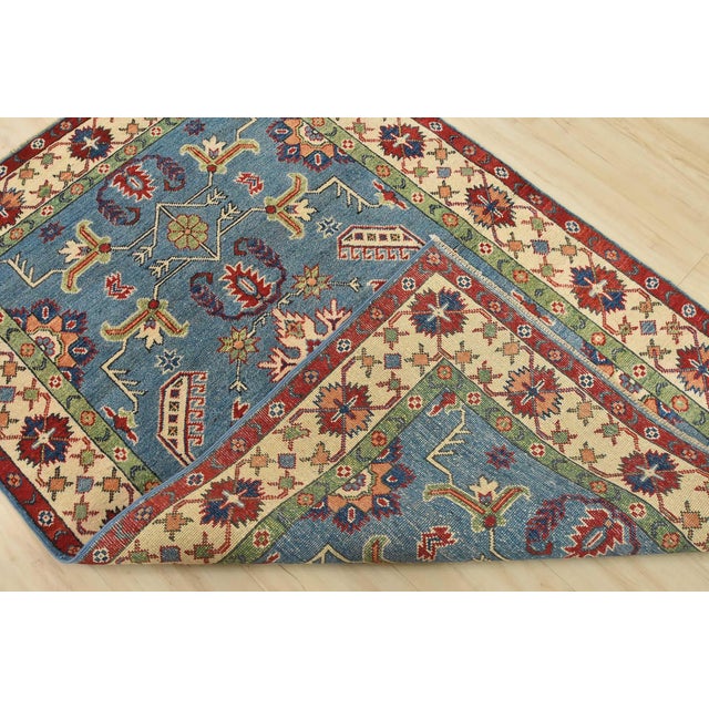 Kazak Rug 4’1” X 5’11” Blue Wool Tribal Hand-Knotted Oriental Carpet For Sale - Image 11 of 12