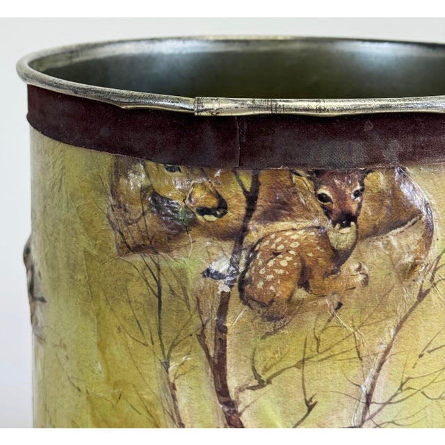 Metal Vintage Decoupage Tin Wastebasket or Umbrella Stand For Sale - Image 7 of 9