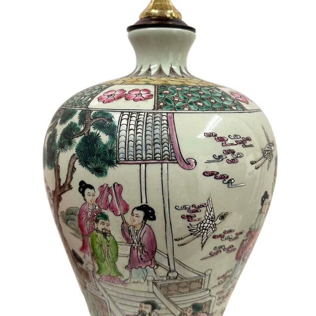 Mid-20th Century Vintage Chinese Hand-Painted Porcelain Vase Table Lamp For Sale - Image 13 of 18
