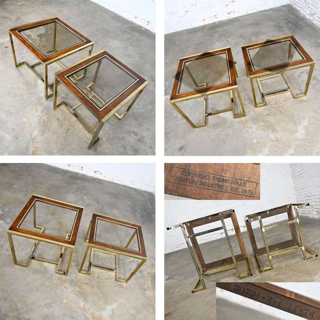 Brass Modern End Tables 2 Sizes Brass Plated Dark Wood & Smoked Glass Rectangles by Thomasville Furniture Style of Milo Baughman, a Pair For Sale - Image 8 of 17