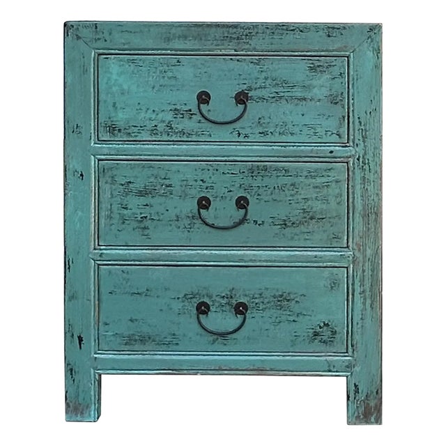 Distressed Teal Green Marks 3 Drawers End Table Nightstand Cabinet For Sale