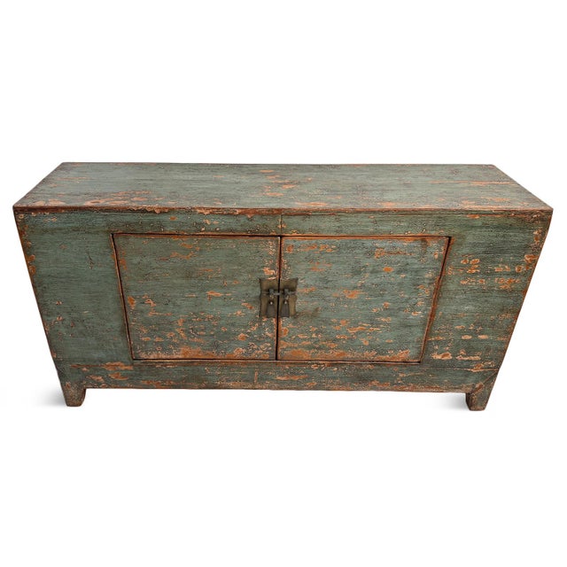 Antique Mongolian sideboard featuring beautifully timeworn character with original teal-painted finish, naturally...