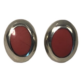 1990s Mexico Red Jasper Cabochon Sterling Earrings, A Pair For Sale