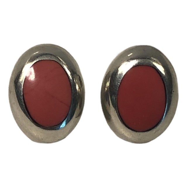 1990s Mexico Red Jasper Cabochon Sterling Earrings, A Pair For Sale