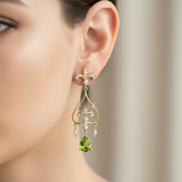 Not Yet Made - Made To Order Fleur De Lis Chandelier Earrings Studs With Peridot in Silver, Gold, A Pair For Sale - Image 5 of 6