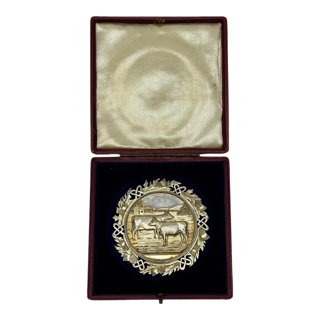 19th Century Scottish Silver Agricultural Prize Medal Ayrshire Cow & Calf Bull With Original Case For Sale