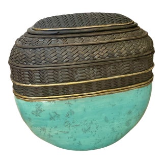 Signed Candone Wharton Studio Raku Pottery Large Basketweave Vessel / Vase For Sale