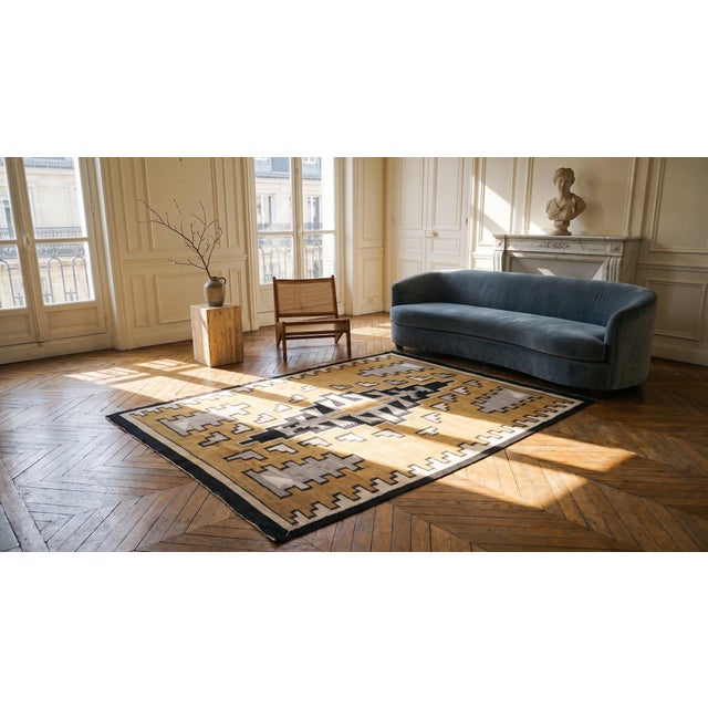 Mustard 1930s Yellow Medallion Tribal Antique American Navajo Rug 3' 6"x 5' Flatweave Wool Carpet For Sale - Image 8 of 9