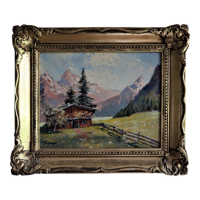 Vintage 1960's Swiss Alps Original Signed Oil on Masonite Painting in Rococo Frame Chairish