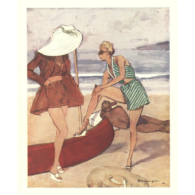 SUMMER BEACH FUN!! This is a set of 2 1946 vintage Mid-Century French fashion prints. They originally appeared in a French...