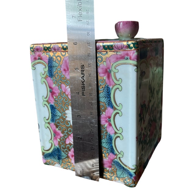 1980s Vintage Rose Canton Pink and Gold Gilt Chinoiserie Porcelain Tissue Box Holder Cover For Sale - Image 5 of 6