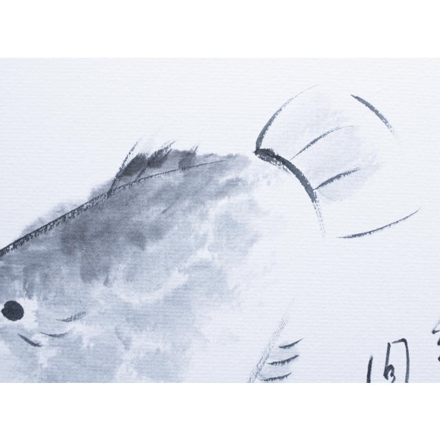 Gray "Turbot Flatfish", Heisei Era Japanese Monochrome Watercolor Painting For Sale - Image 8 of 15