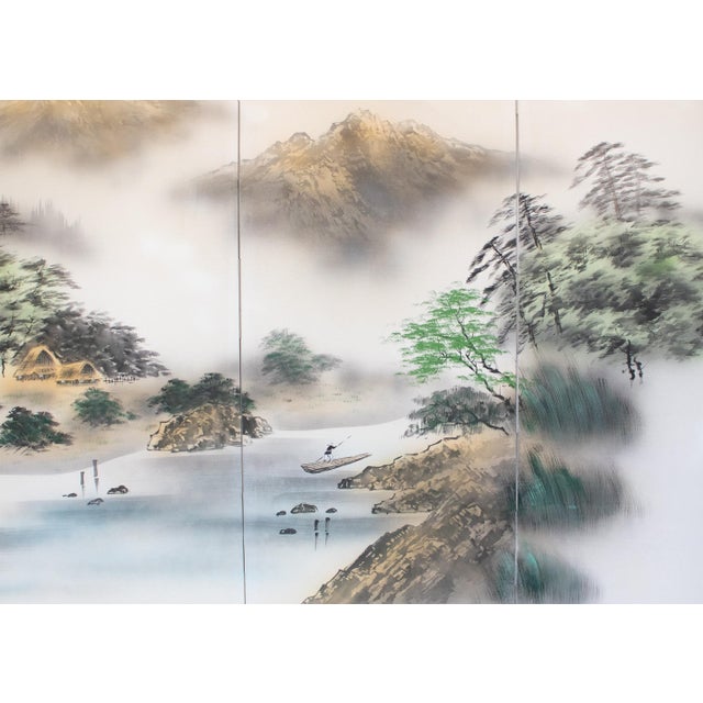 Ecru Large Showa Era Japanese Byobu Screen "Mountain Landscape With River" For Sale - Image 8 of 18