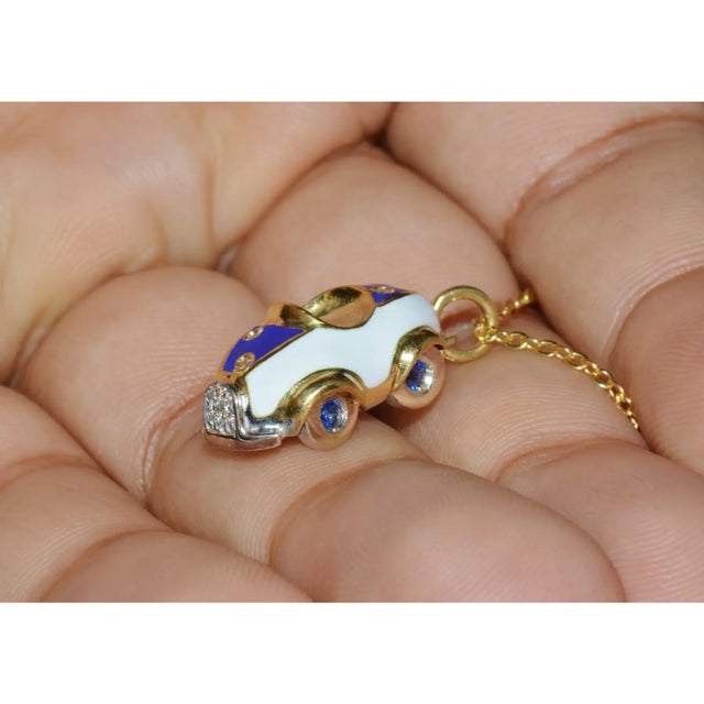 Early 21st Century Designer Aaron Basha Natural Diamond Sapphire & Enamel Solid 18k Gold Luxury Car Charm Pendant For Sale - Image 5 of 11