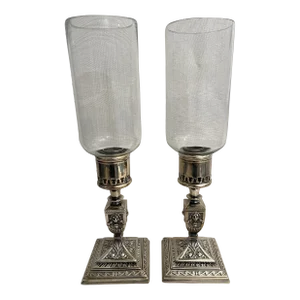 1920’s Antique Silver Plate Edwardian Photophores With Hand Blown Globes - a Pair