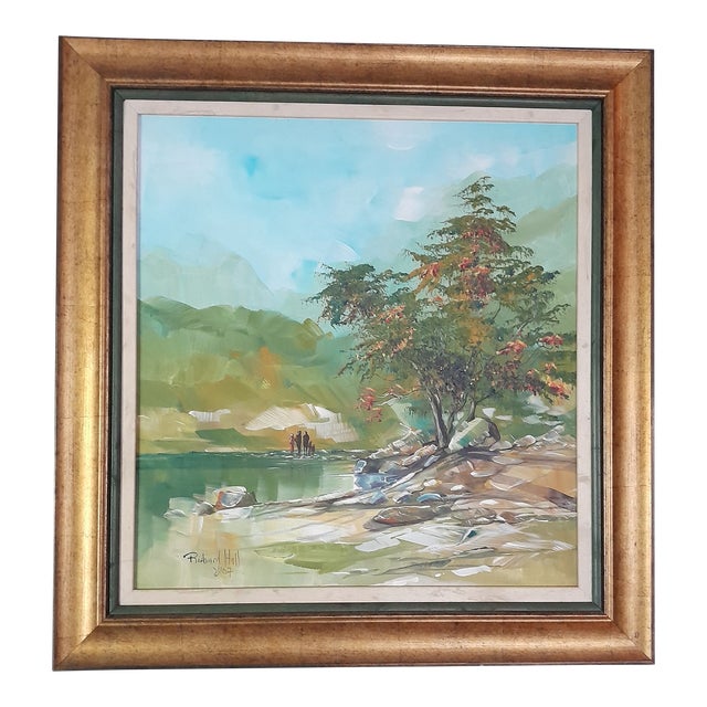 2000s "Riverside Serenity" Landscape Acrylic on Canvas Painting by Richard Hall, Framed For Sale