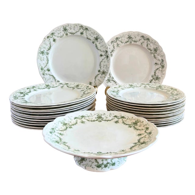English Earthenware Lafayette Dinner Service with Green Ribbon and Floral Garlands from Ridgways, 1890, Set of 26 For Sale