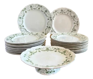 English Earthenware Lafayette Dinner Service with Green Ribbon and Floral Garlands from Ridgways, 1890, Set of 26