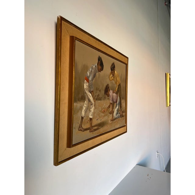 A delightful and cheerful vintage impressionist style oil on canvas painting depicts three young boys playing marbles ....