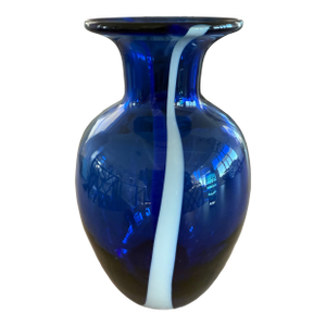 Cobalt Blue Art Glass Vase With White Ribbon of Glass