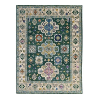 8x10 Isla Kazak Green Geometric Medallion Modern Hand Knotted Wool Carpet Rug For Sale