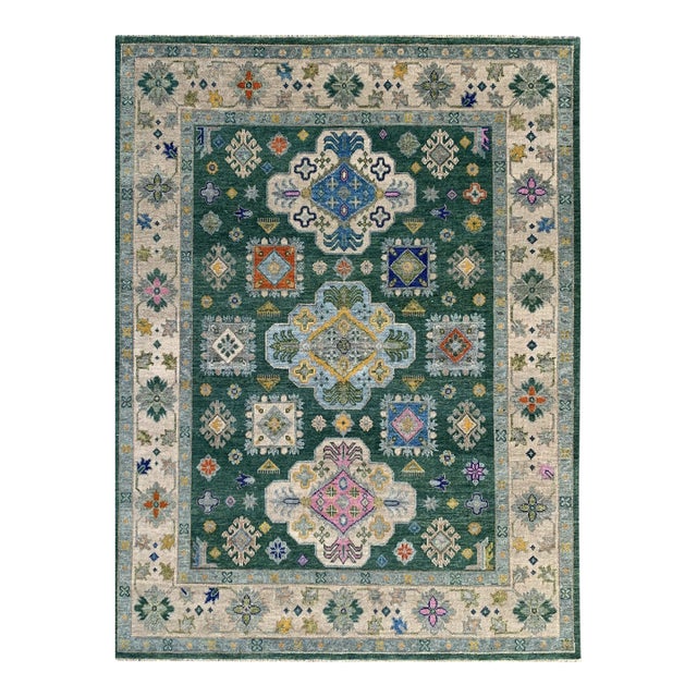 8x10 Isla Kazak Green Geometric Medallion Modern Hand Knotted Wool Carpet Rug For Sale