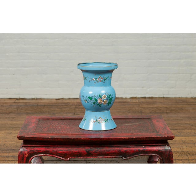 Blue Vintage Chinese Hand Painted Blue Metal Vase with Calligraphy and Floral Décor For Sale - Image 8 of 12