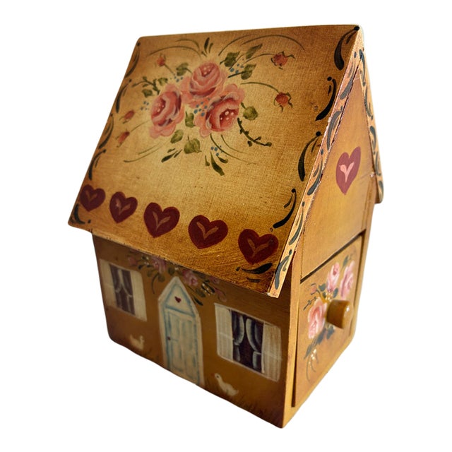Hand Painted Folk Art Wooden House Box With Drawer Signed by Artist For Sale