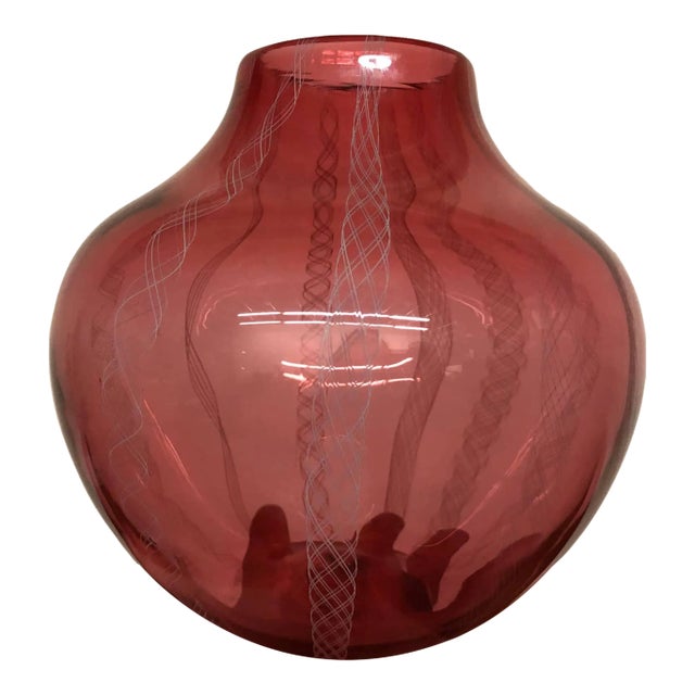 Contemporary Handblown Red & Pink Vase With Etched Details For Sale
