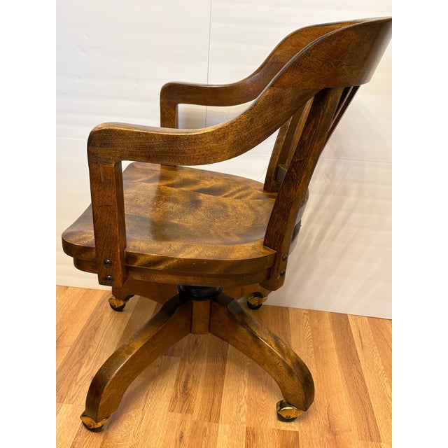 American Early 20th Century Vintage Solid Oak Rolling and Swivel/Tilt Bankers Desk Chair For Sale - Image 3 of 6