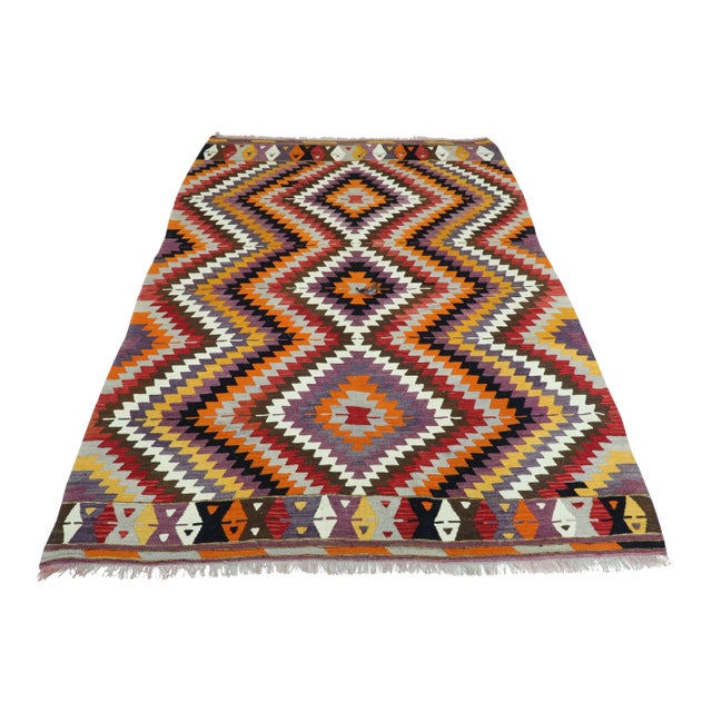 Vintage Turkish Kilim Rug- 5′5″ × 7′3″ For Sale