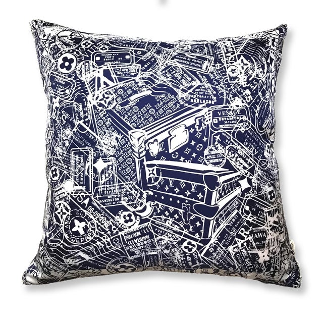 French Louis Vuitton Travel Stamps Vintage Silk Scarf Pillow For Sale - Image 3 of 3