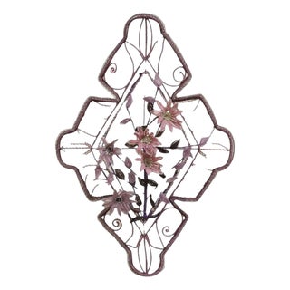 Early 20th Century French Victorian Glass Beaded Purple Flower Casket Wreath Wall Art Sculpture (B) For Sale