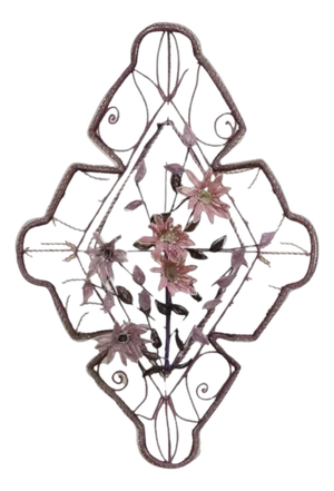 Early 20th Century French Victorian Glass Beaded Purple Flower Casket Wreath Wall Art Sculpture (B)