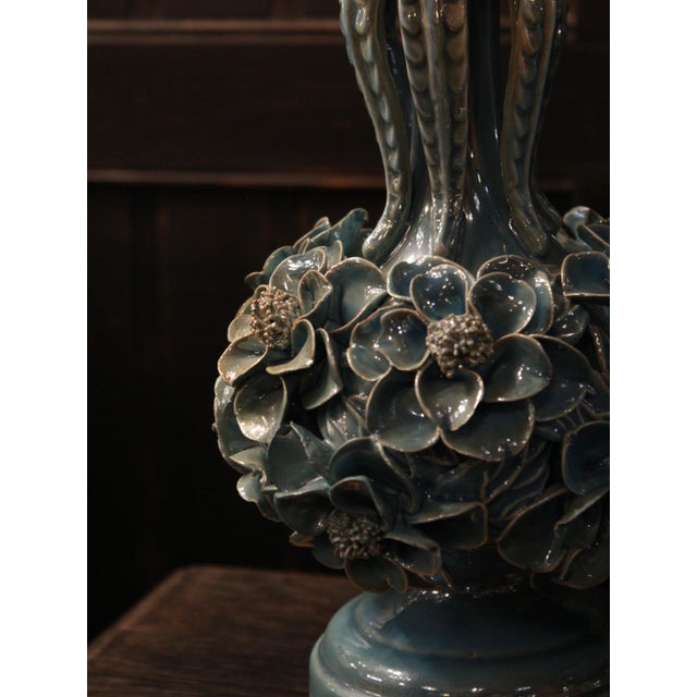 Iridescent Light Blue Lamps with Floral Design from Manises, 1970s, Set of 2 For Sale - Image 3 of 5