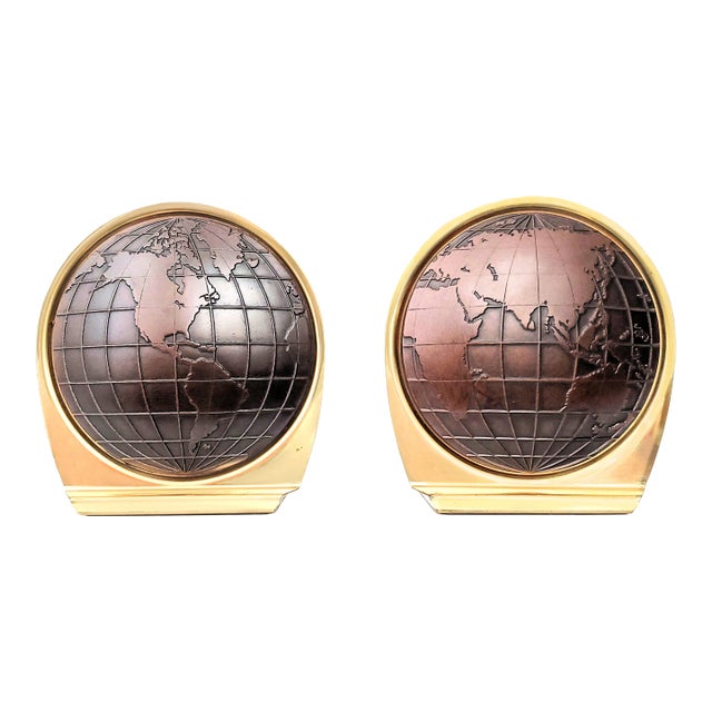 1960s Jere Style World Atlas Brass Plated and Brown Vinyl Bookends Depicting the Eastern and Western Hemispheres, Signed - a Pair For Sale