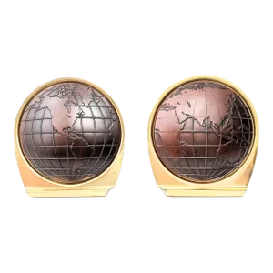 1960s Jere Style World Atlas Brass Plated and Brown Vinyl Bookends Depicting the Eastern and Western Hemispheres, Signed - a Pair