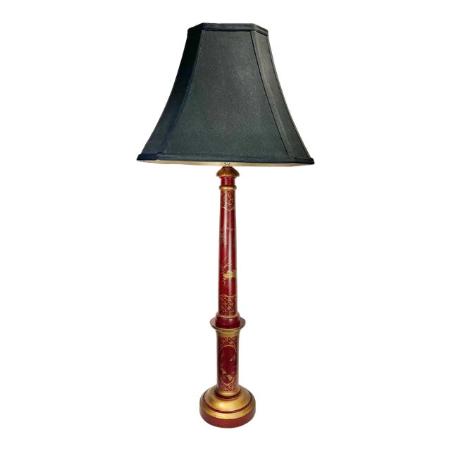 Vintage Chinoiserie Hand Painted Red and Gold Column Table Lamp With Black Shade For Sale